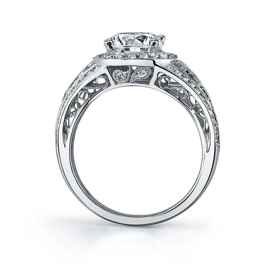 18K White Gold Vintage Halo Milgrain Engagement Ring Setting - Image 2