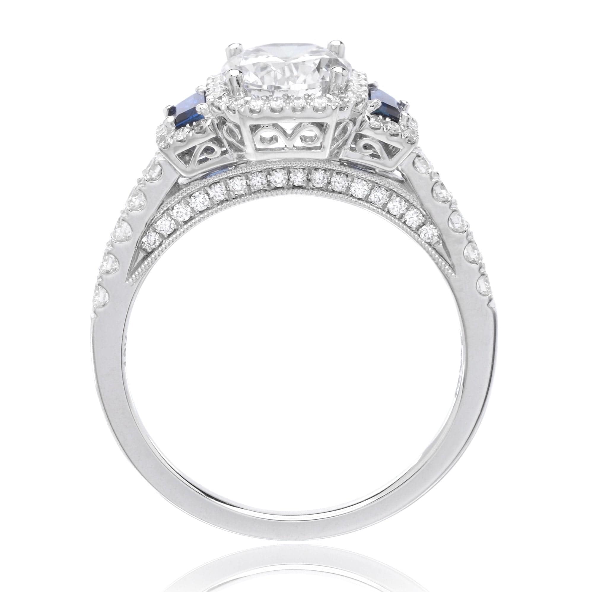 18K White Gold Three-Stone Diamond and Blue Sapphire Engagement Ring Setting - Image 3