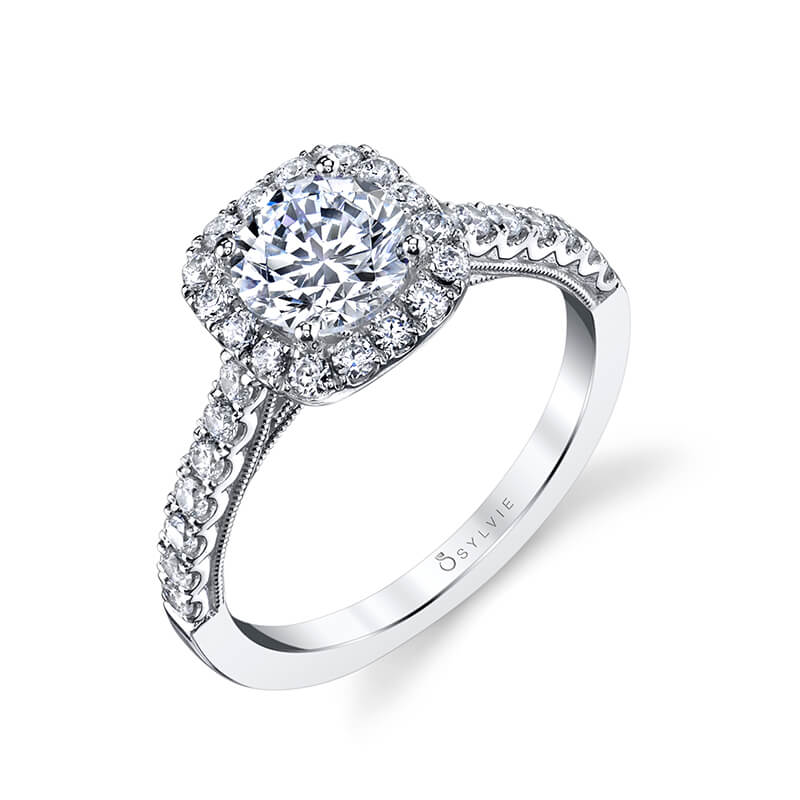 18K White Gold Cushion Diamond Halo Engagement Ring Setting