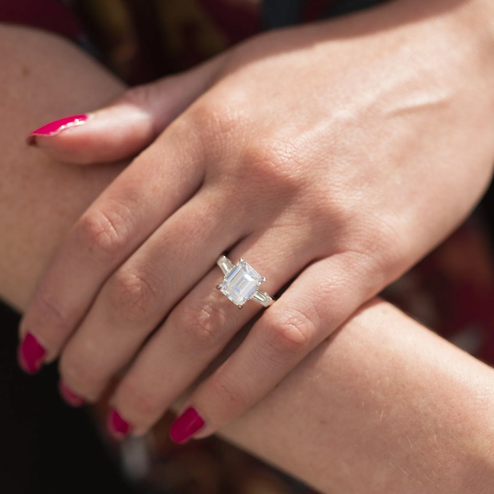 Platinum 3 Stone Emerald Cut Diamond with Tapered Sides Engagement Ring Setting - Image 2