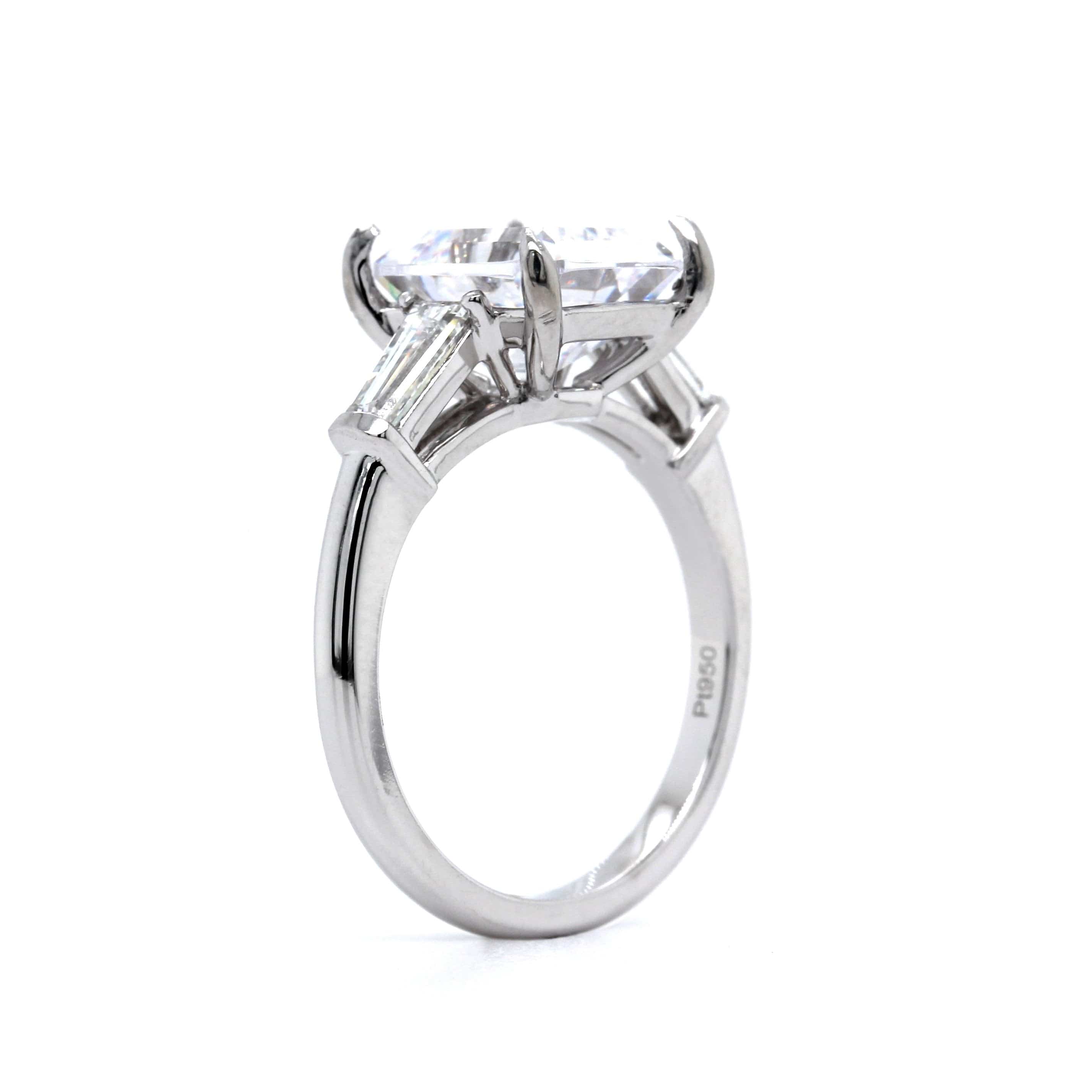 Platinum 3 Stone Emerald Cut Diamond with Tapered Sides Engagement Ring Setting - Image 3