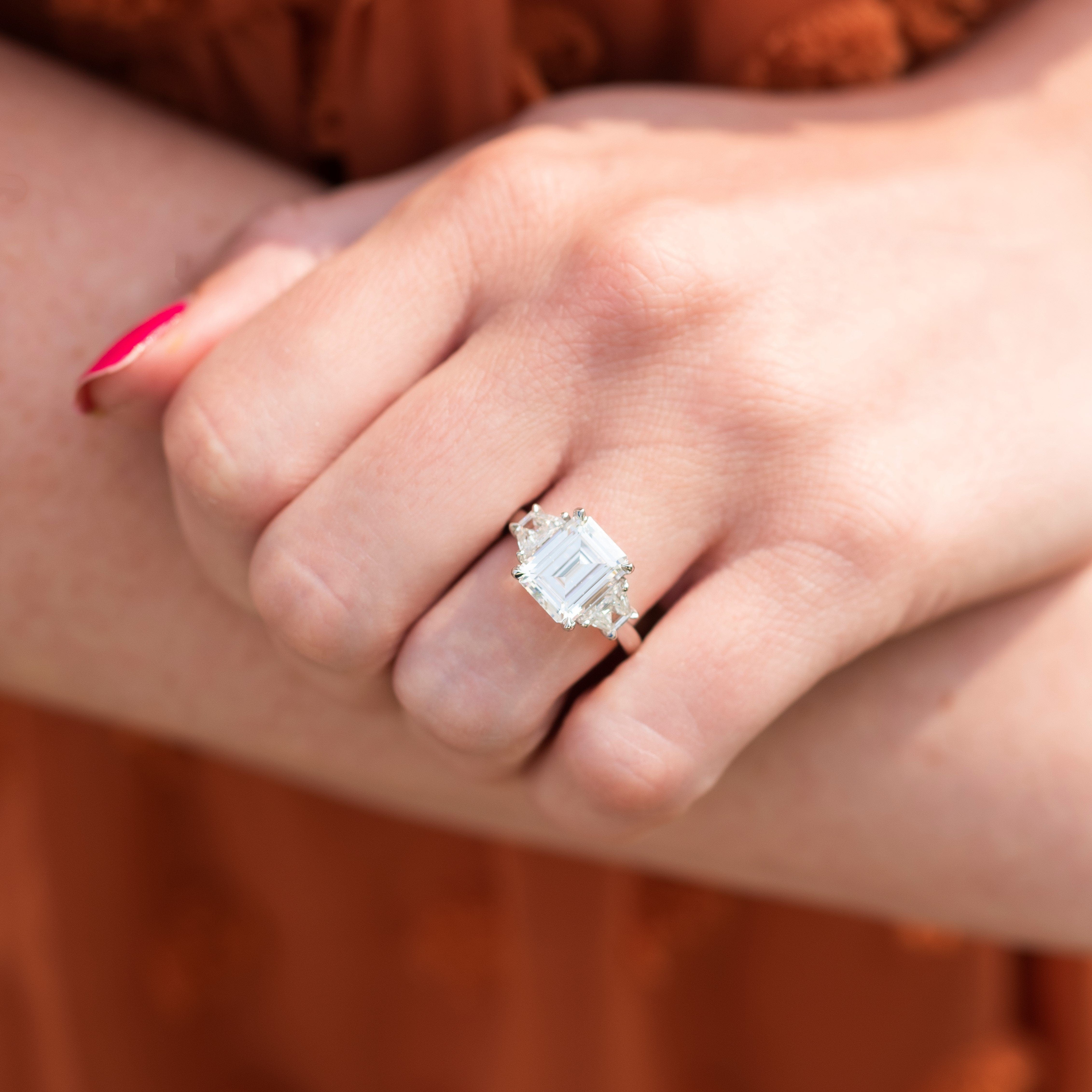 Platinum 3 Stone Emerald Cut Diamond with Trapezoid Sides Engagement Ring Setting - Image 2