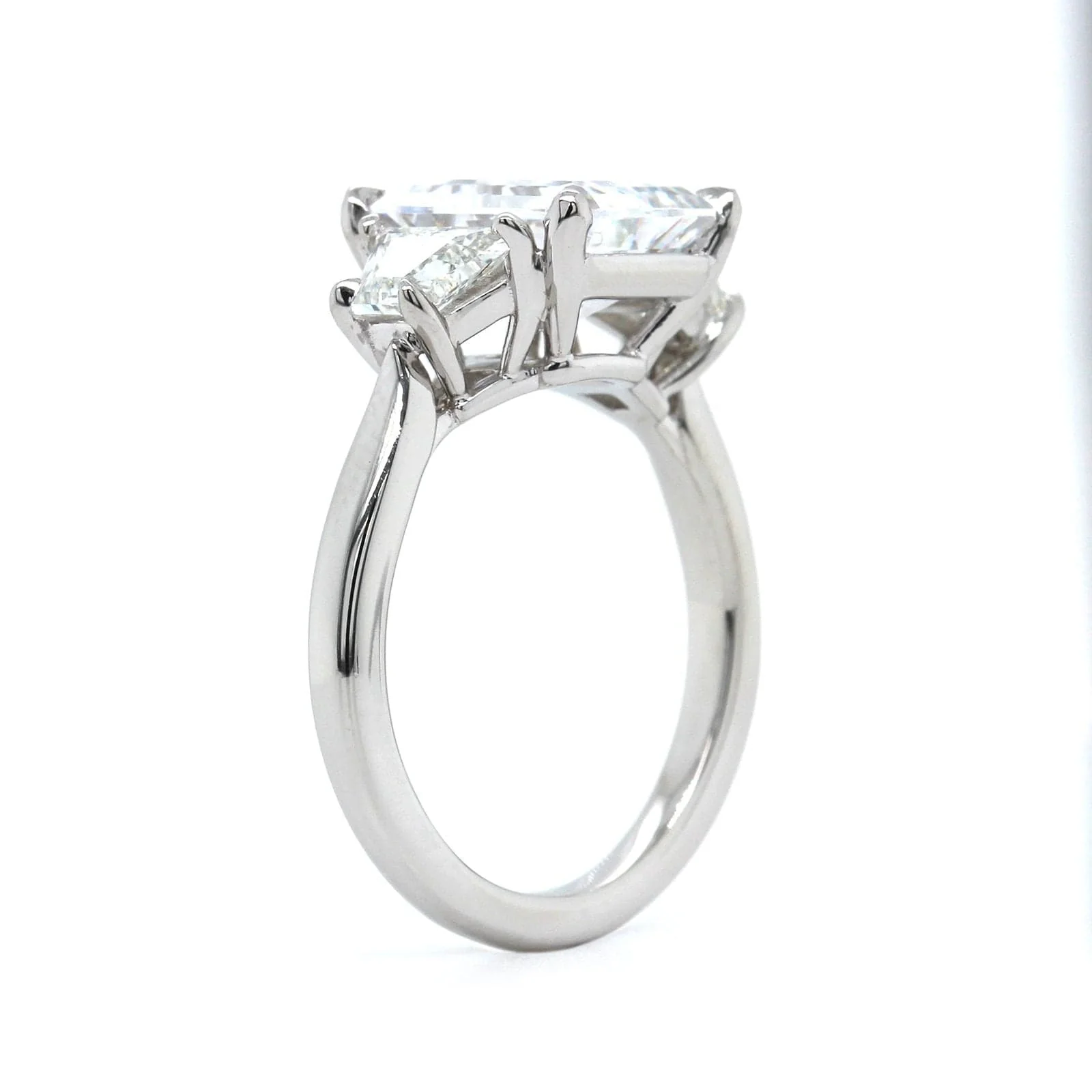 Platinum 3 Stone Emerald Cut Diamond with Trapezoid Sides Engagement Ring Setting - Image 3