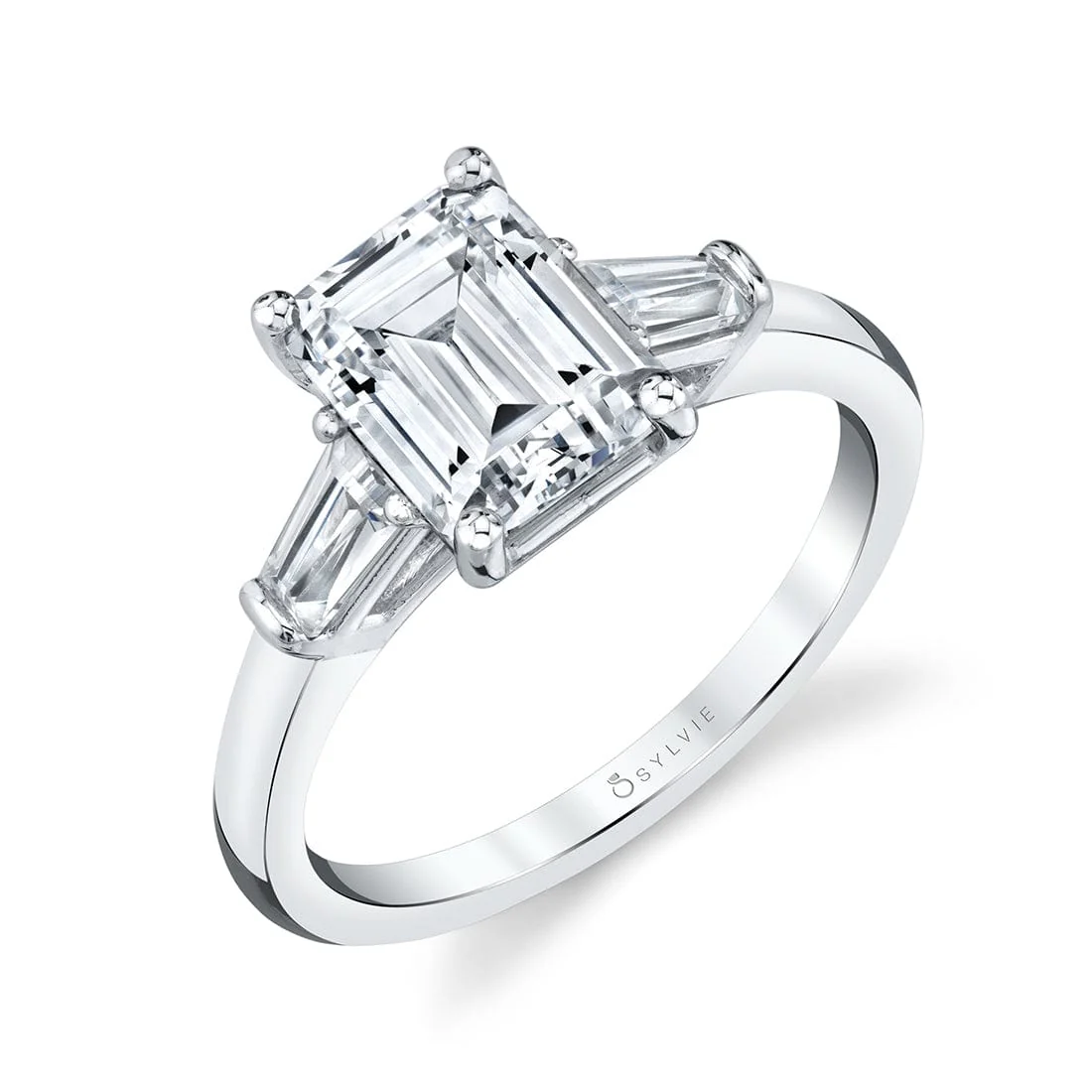 Platinum 3 Stone Tapered Baguette Sides Engagement Ring Setting - Image 4