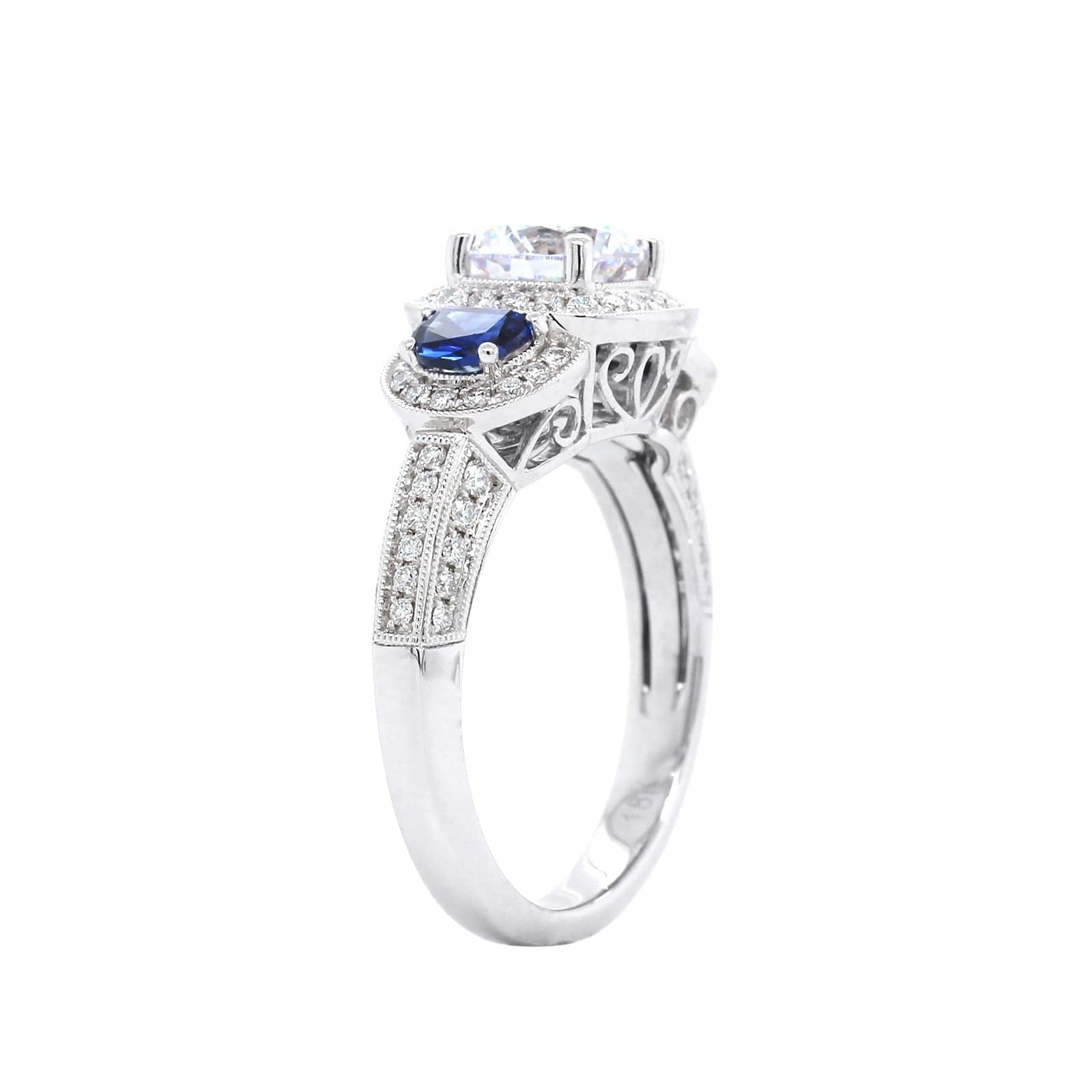 18K White Gold Diamond Halo and Sapphire Sides Engagement Ring Setting - Image 2