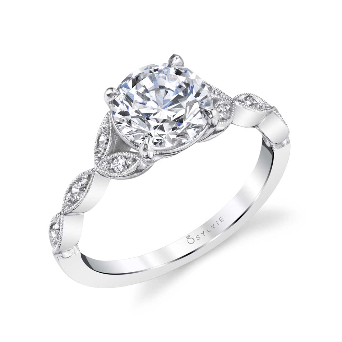 18K White Gold Diamond Floral Engagement Ring Setting - Image 5