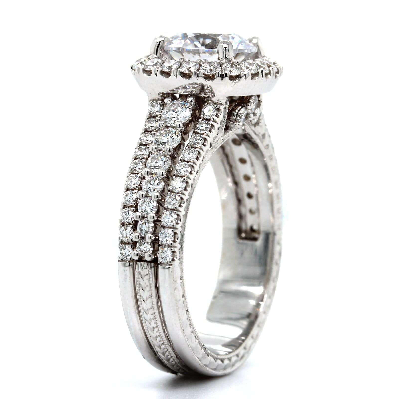 18K White Gold Cushion Diamond Halo 3 Row Engagement Ring Setting - Image 2