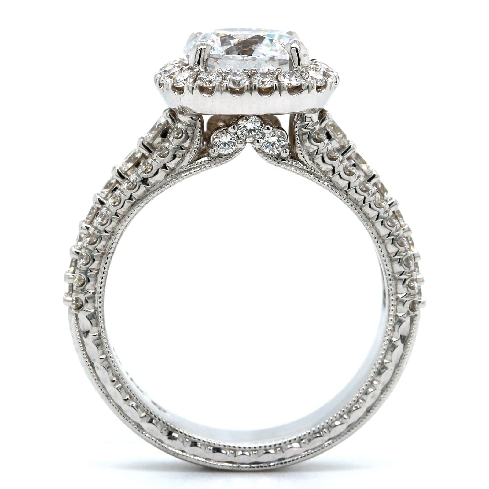 18K White Gold Cushion Diamond Halo 3 Row Engagement Ring Setting - Image 3