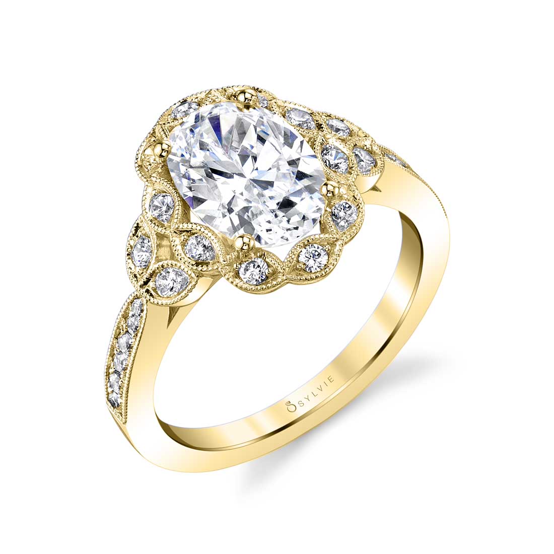 Platinum Vintage Inspired Flower Diamond Halo Engagement Ring Setting - Image 2