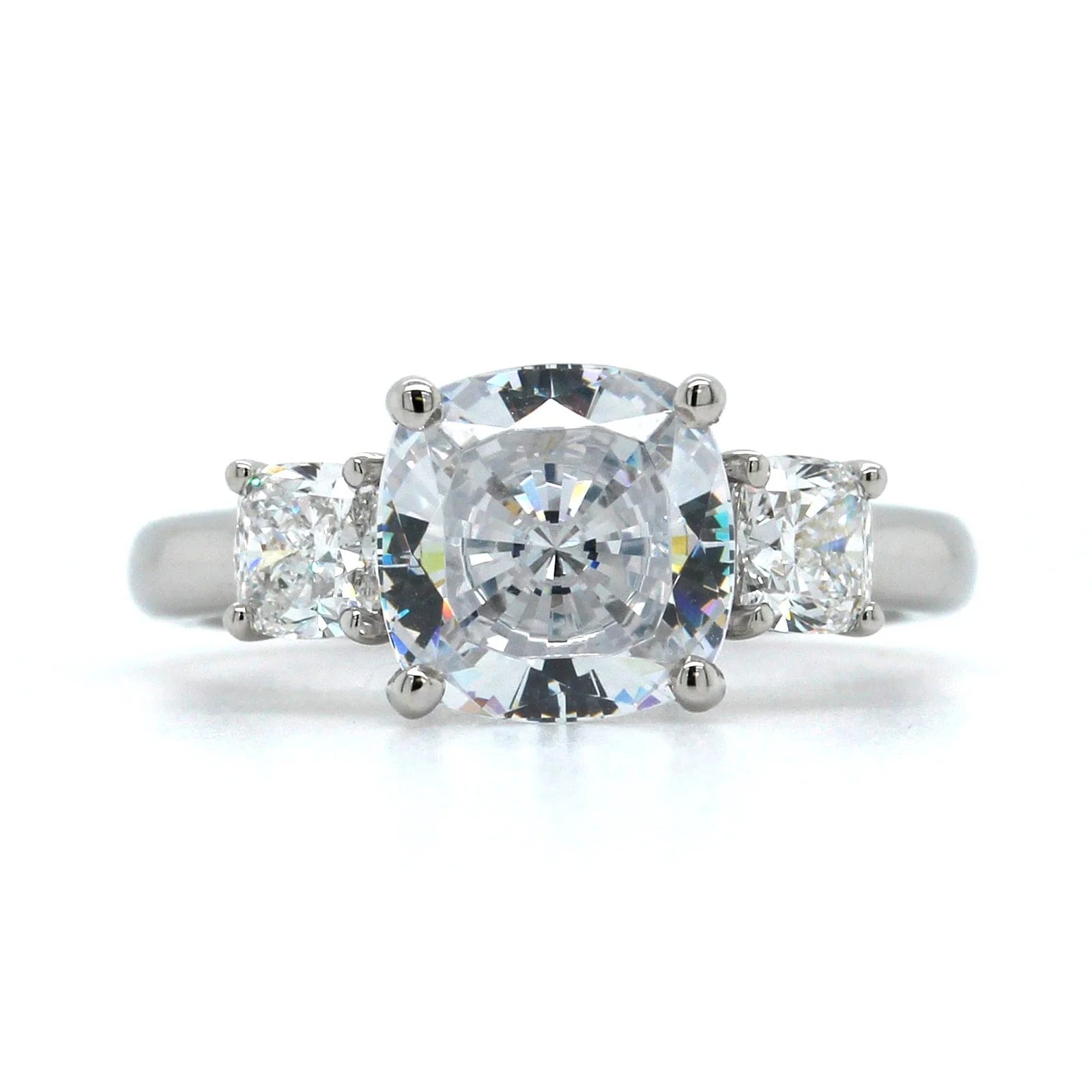 Platinum 3 Stone Cushion Center Diamond Engagement Ring Setting - Image 5