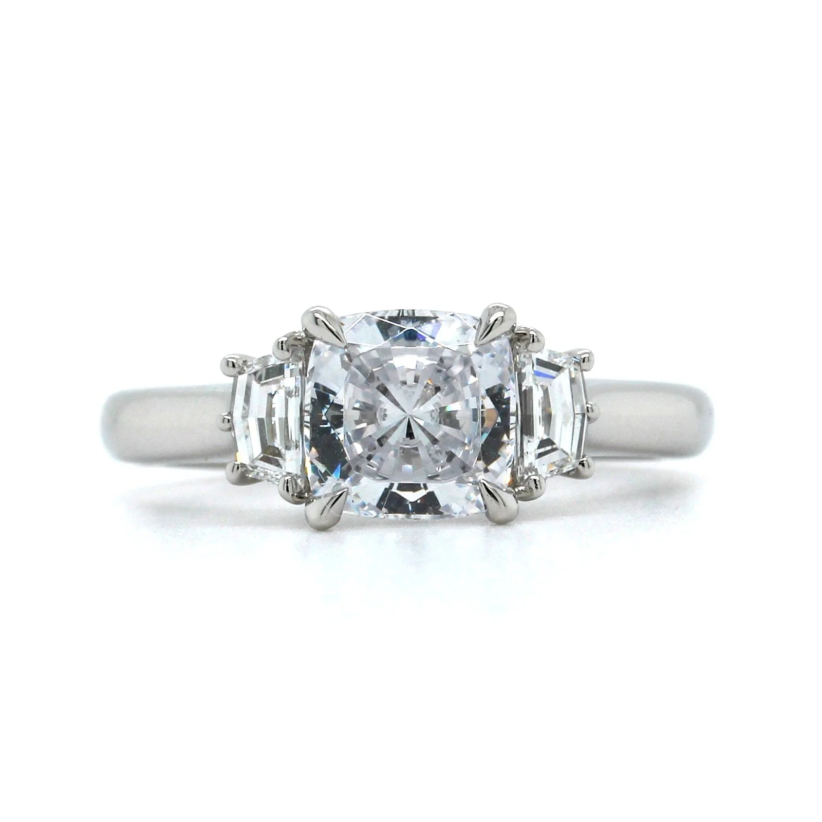 Platinum 3 Stone Cushion Center Diamond Engagement Ring Setting - Image 5