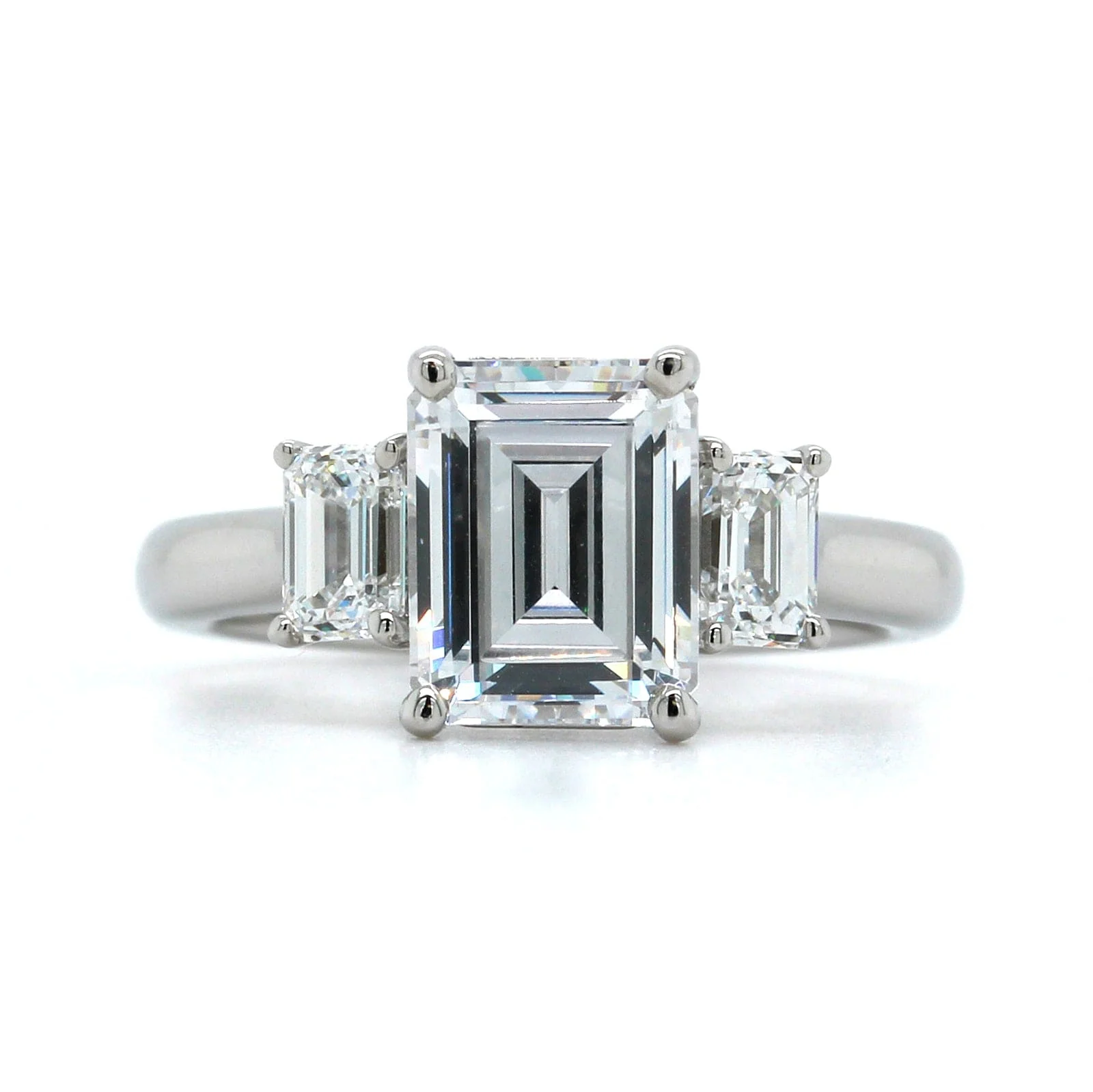 Platinum 3 Stone Emerald Cut Center Diamond Engagement Ring Setting - Image 5