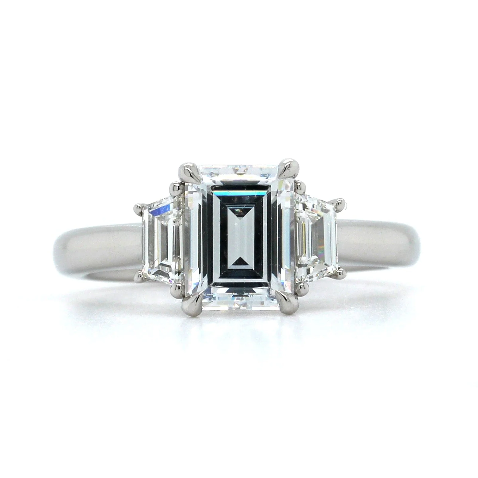Platinum 3 Stone Emerald Cut Center Diamond Engagement Ring Setting - Image 4