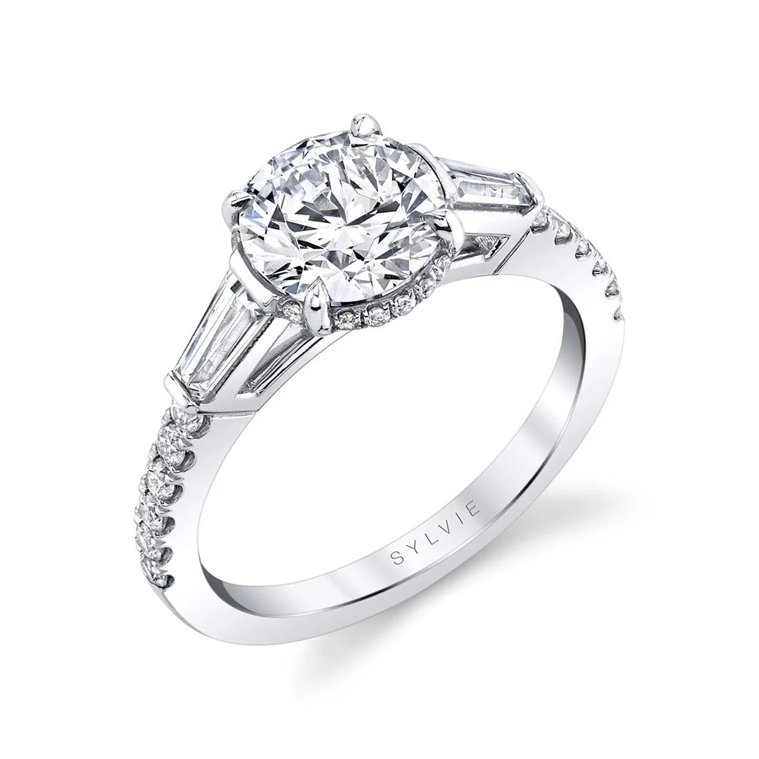 18K White Gold 3 Stone Hidden Diamond Halo Engagement Ring Setting - Image 5