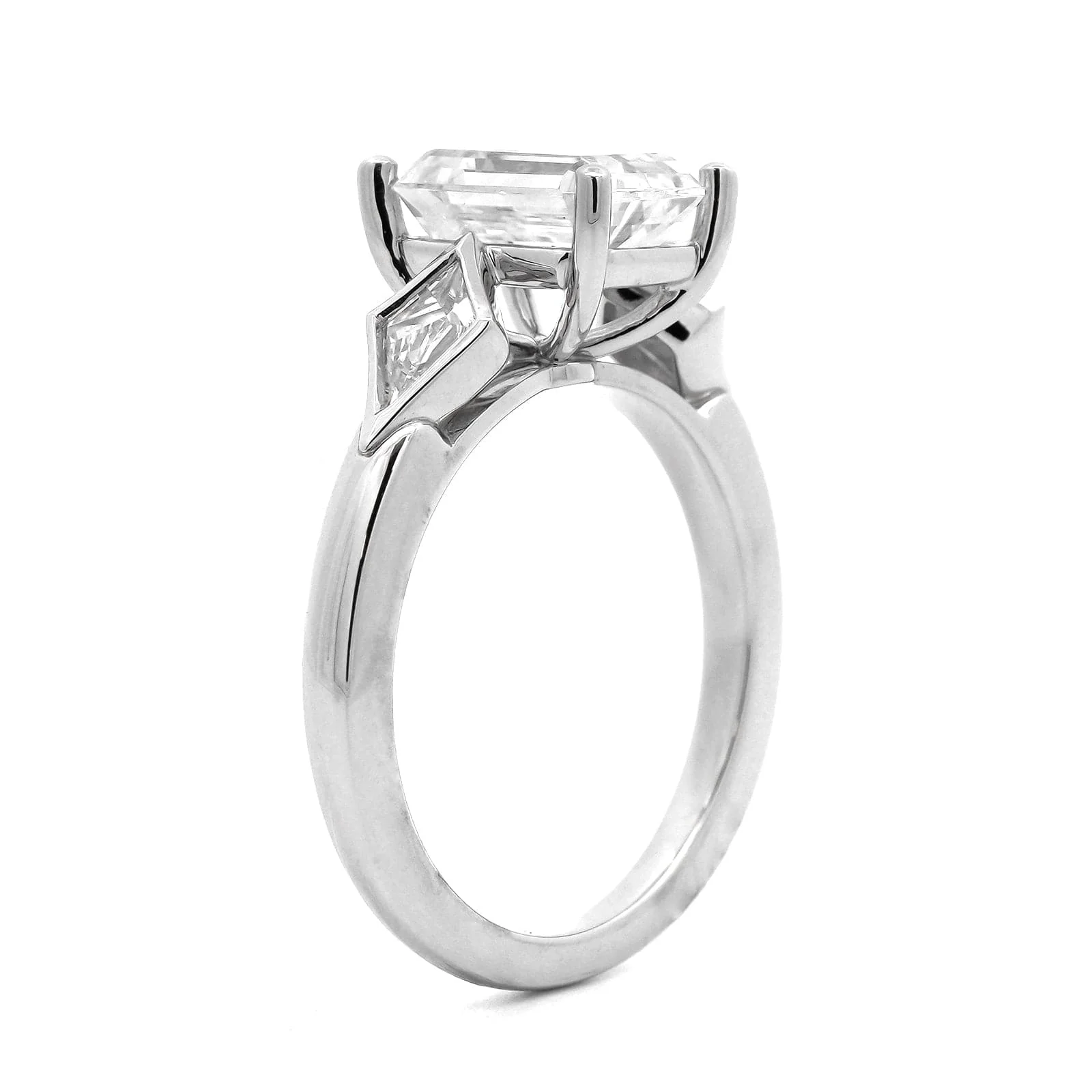 Platinum 3 Stone Emerald Center and Kite Cut Engagement Ring Setting - Image 2