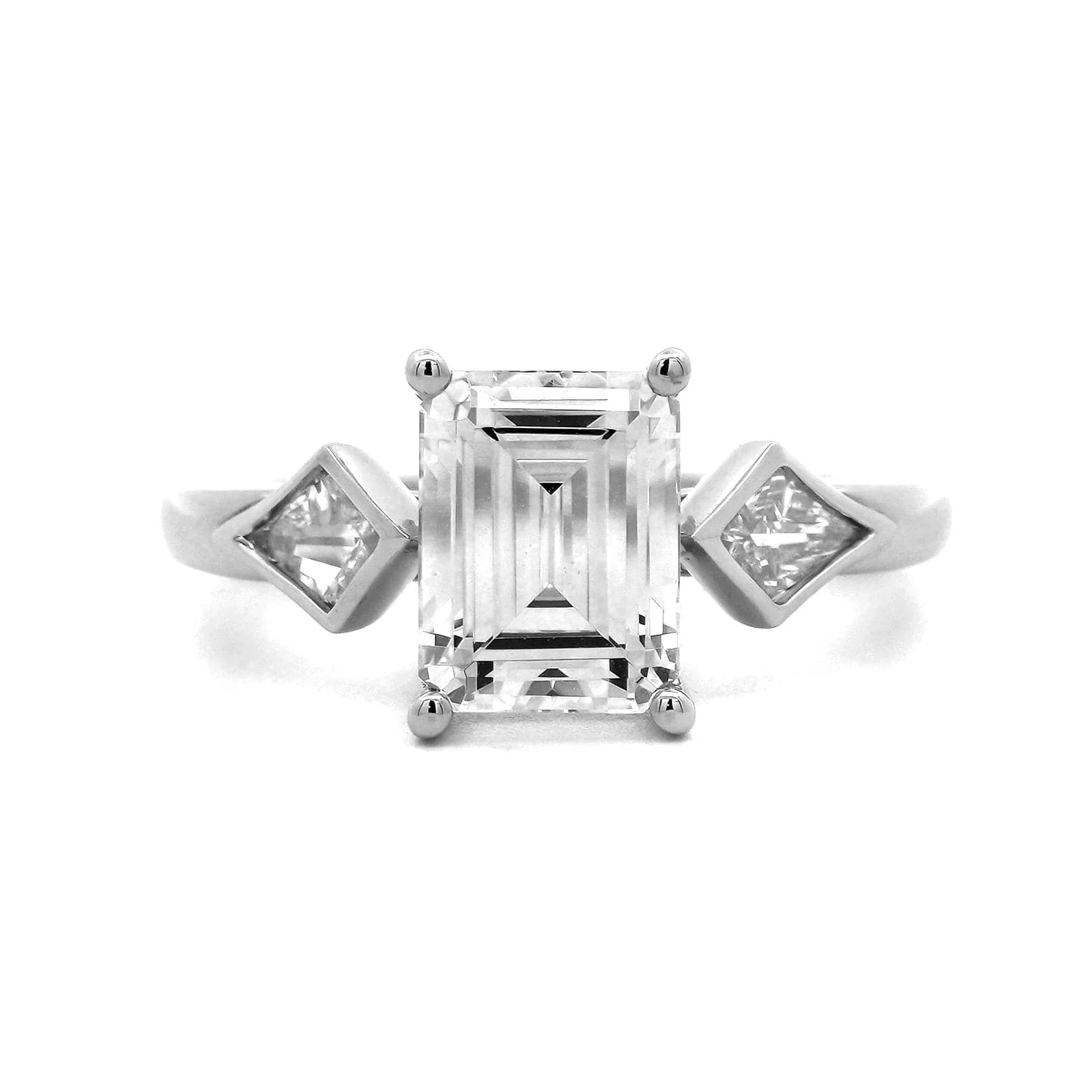Platinum 3 Stone Emerald Center and Kite Cut Engagement Ring Setting - Image 5