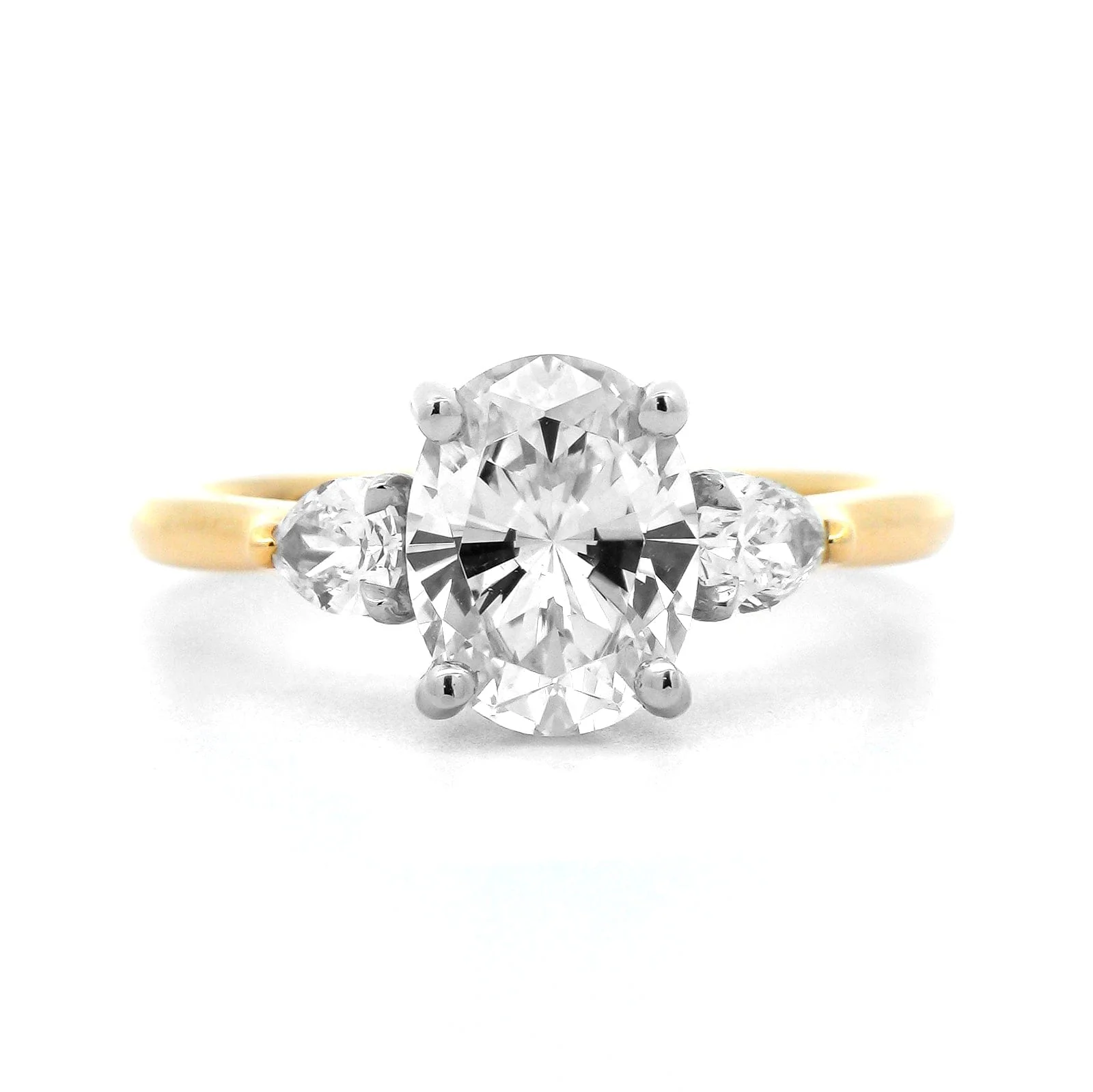 18K Yellow Gold 3 Stone Oval Center and Pear Shaped Diamond Engagement Ring Setting - Image 5