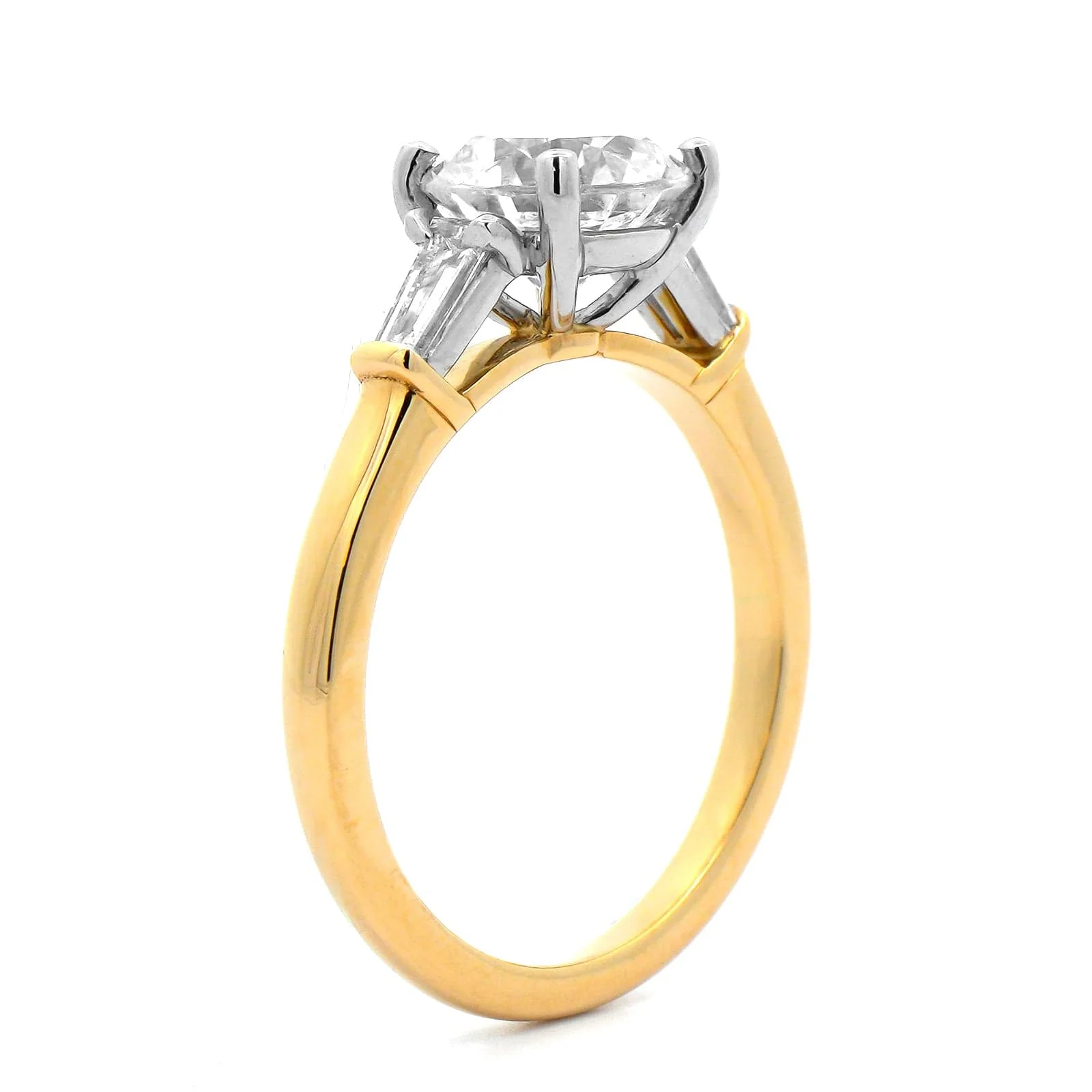 18K Yellow Gold 3 Stone Round Center and Baguette Diamond Engagement Ring Setting - Image 2