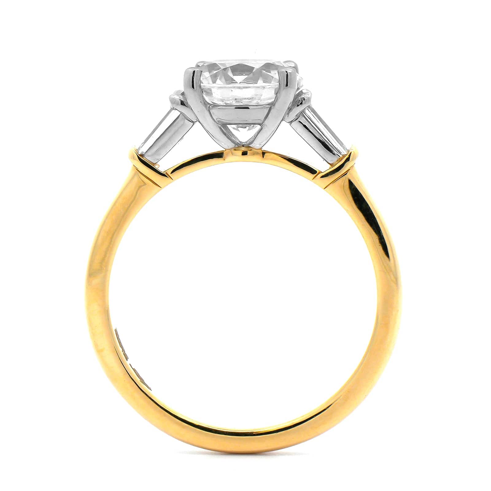 18K Yellow Gold 3 Stone Round Center and Baguette Diamond Engagement Ring Setting - Image 3