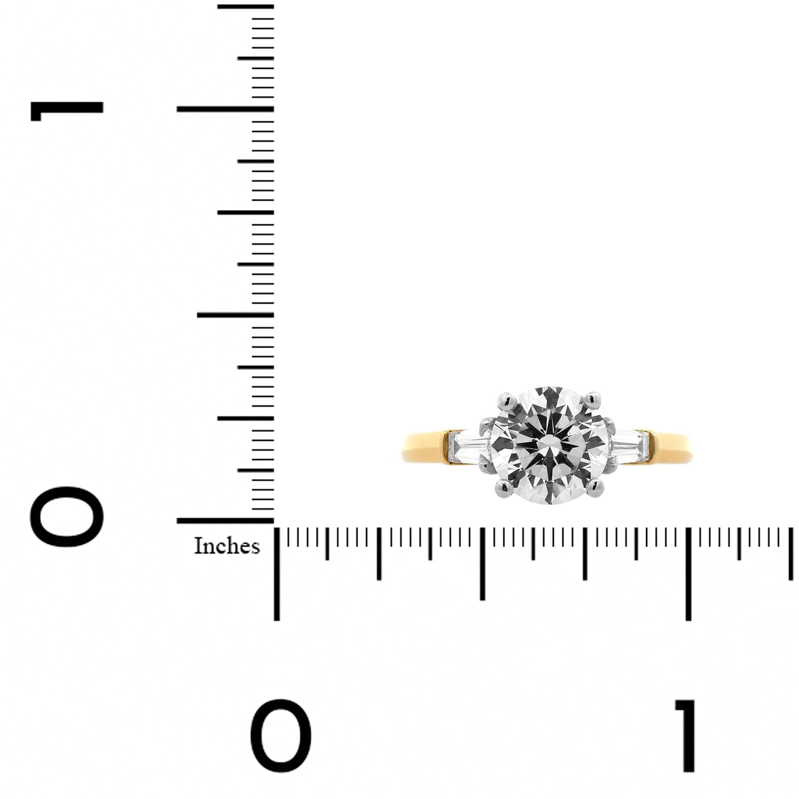 18K Yellow Gold 3 Stone Round Center and Baguette Diamond Engagement Ring Setting - Image 4