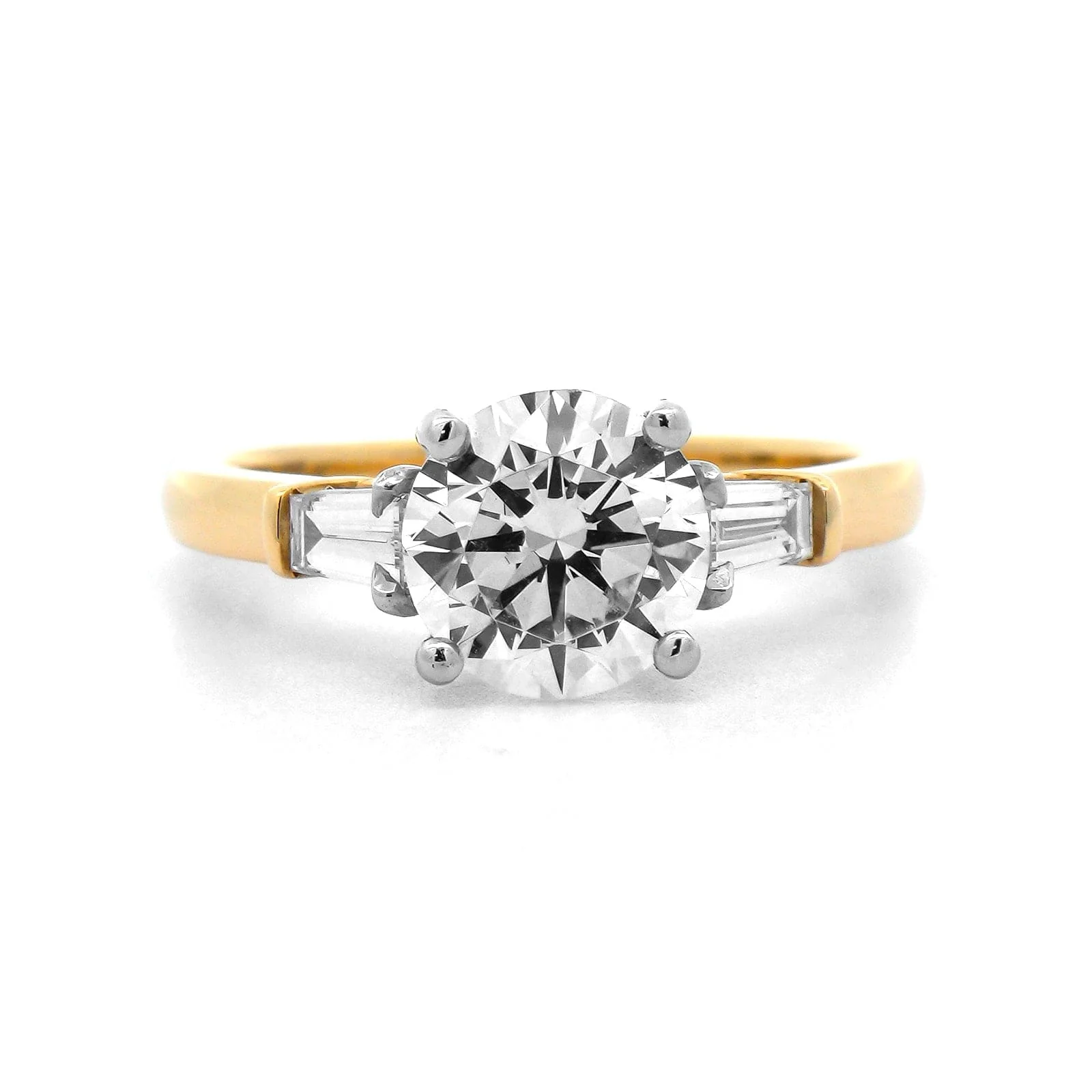 18K Yellow Gold 3 Stone Round Center and Baguette Diamond Engagement Ring Setting - Image 5