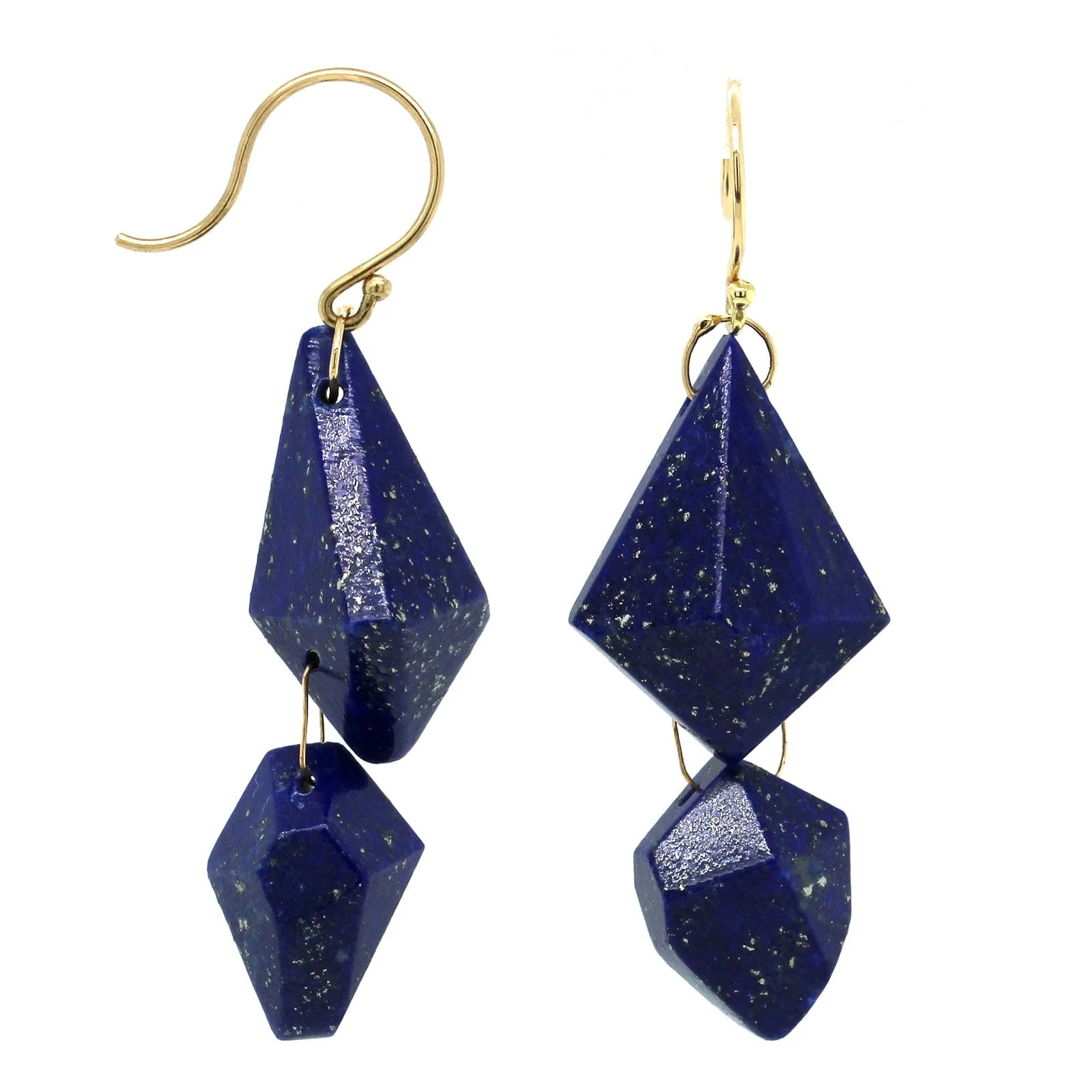 18K Yellow Gold Faceted Cut Lapis Small Double Drop Earrings - Image 3