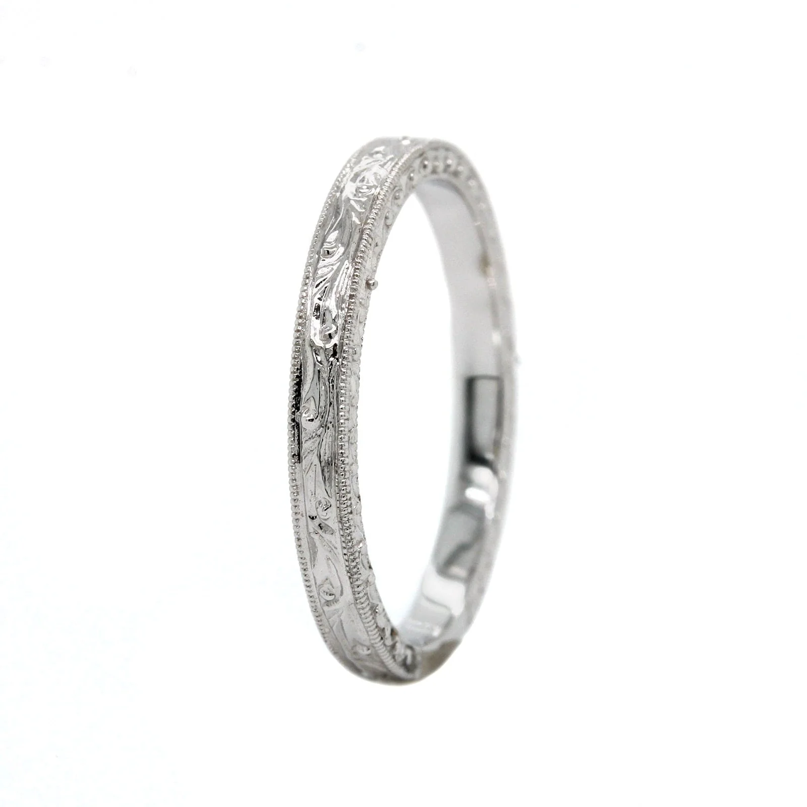14K White Gold Engraved Milgrain Band - Image 2