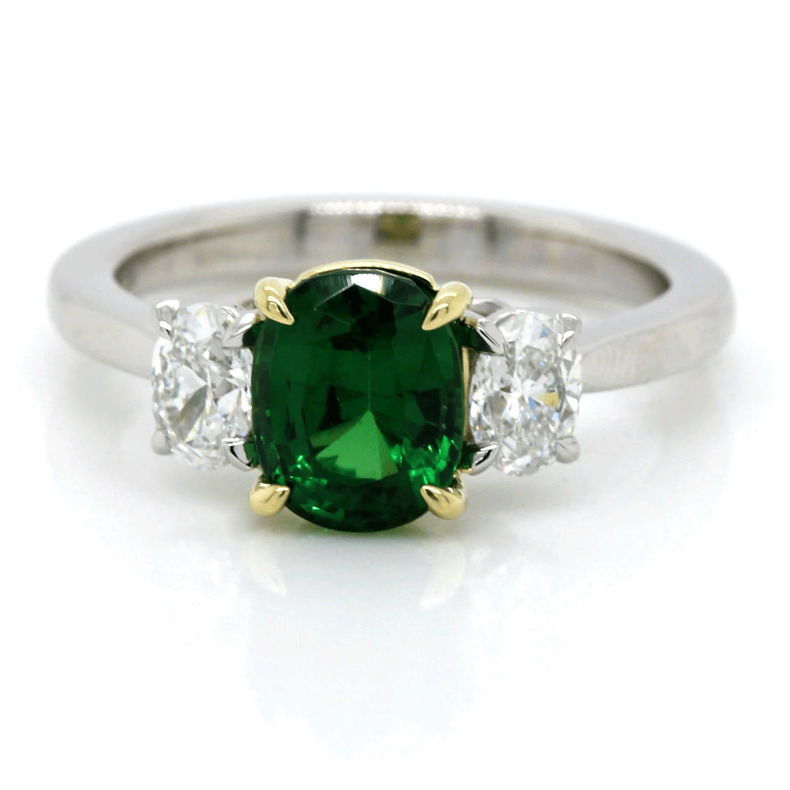 Platinum Cushion Cut Tsavorite and Diamond Ring