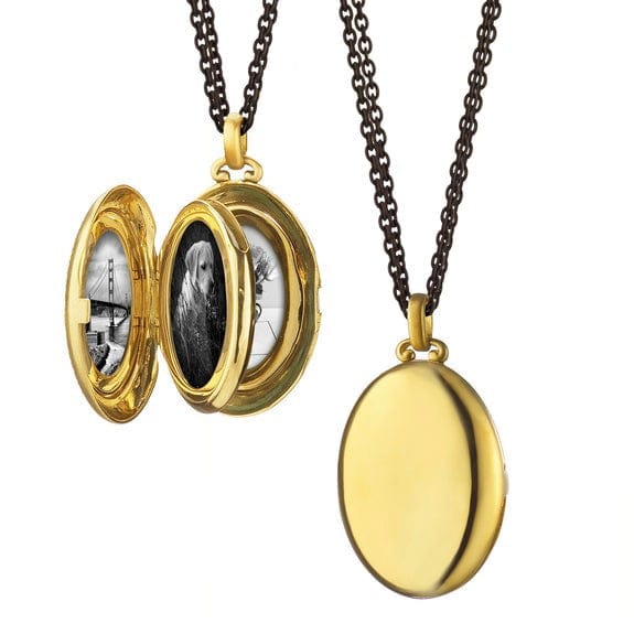 18K Yellow Gold Steel Chain Oval Locket