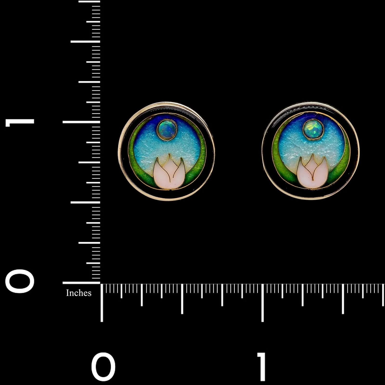 Magick Fusager Demski 14K Yellow Gold Estate Cloisonne Enamel and Opal Earrings - Image 2