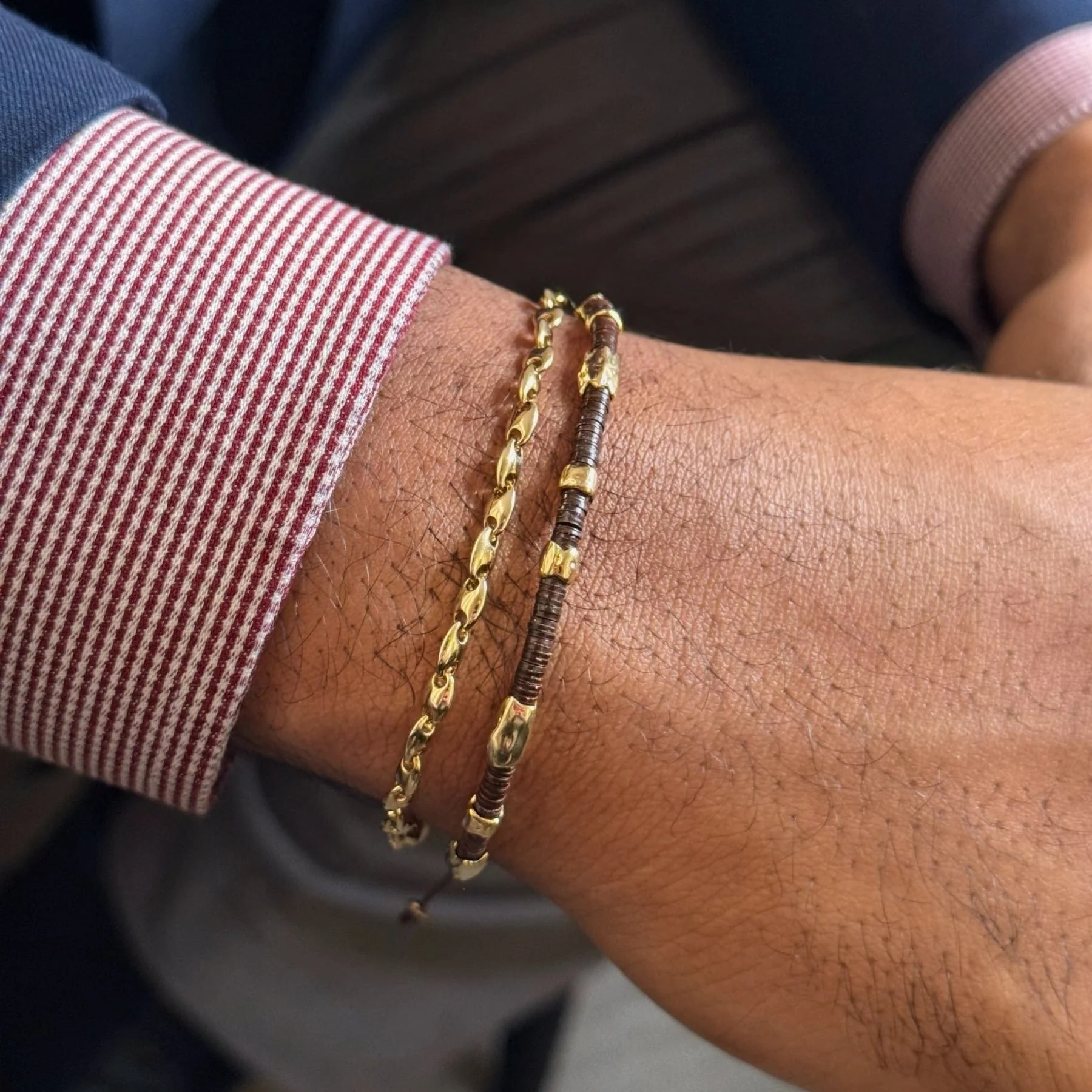 Maor 18K Yellow Gold Brown African Vinyl Beaded Dryp Bracelet - Image 3