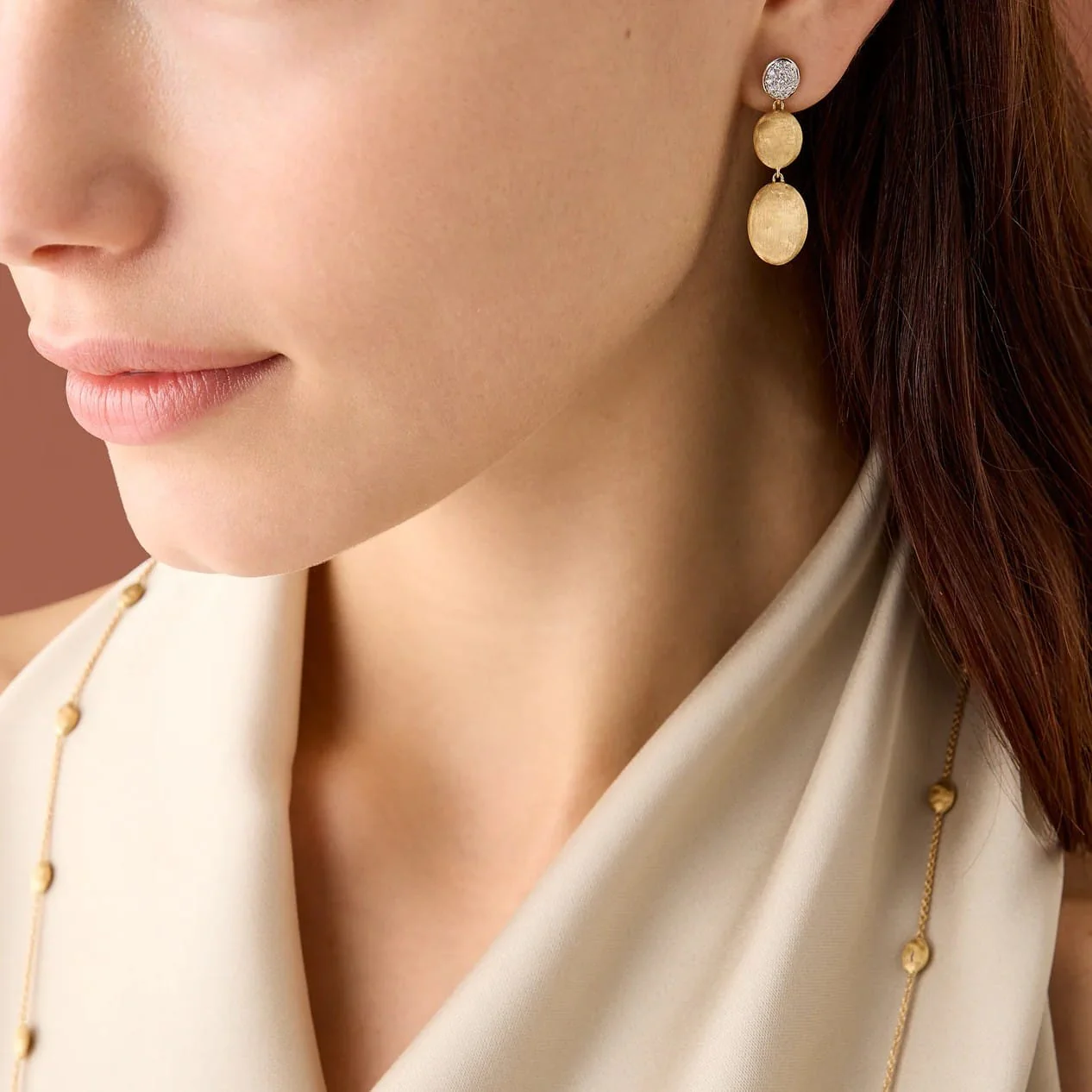 Marco Bicego 18K Yellow and White Gold Siviglia Pave Diamond Triple Bean Drop Earrings - Image 2