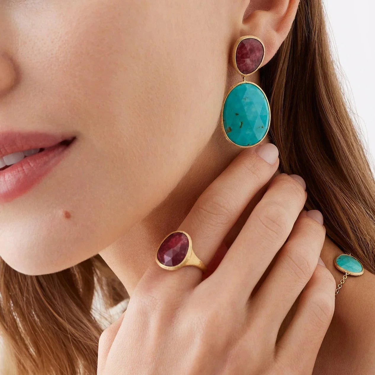 Marco Bicego 18K Yellow Gold Lunaria Turquoise and Thulite Drop Earrings - Image 2