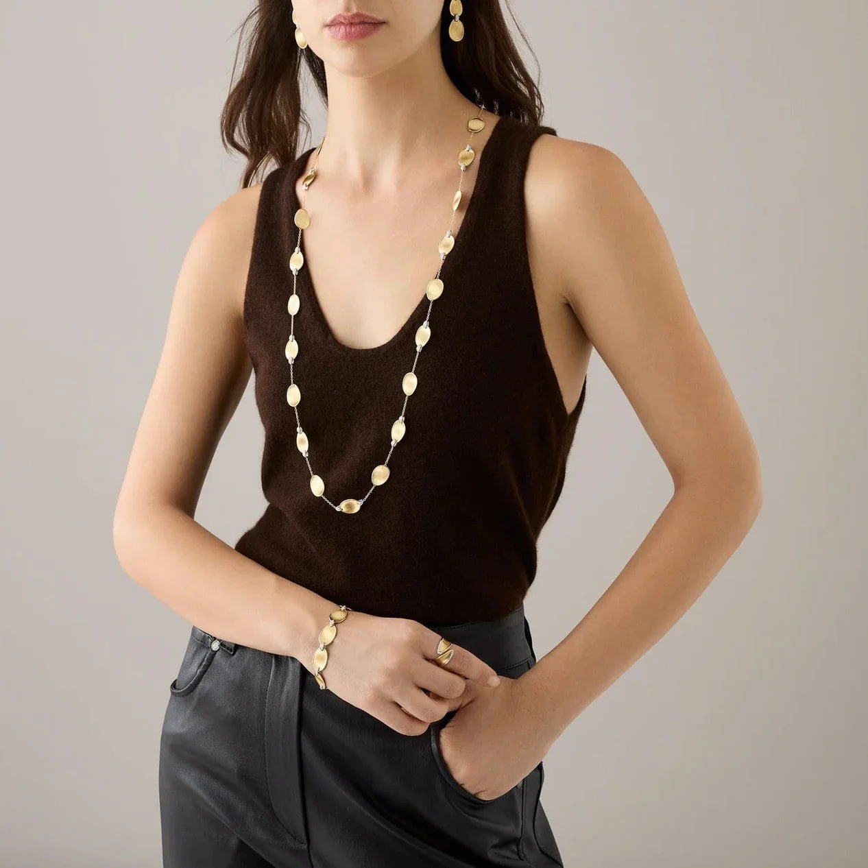 Marco Bicego Lunaria 18K Yellow Gold Long Leaf Diamond Necklace - Image 3