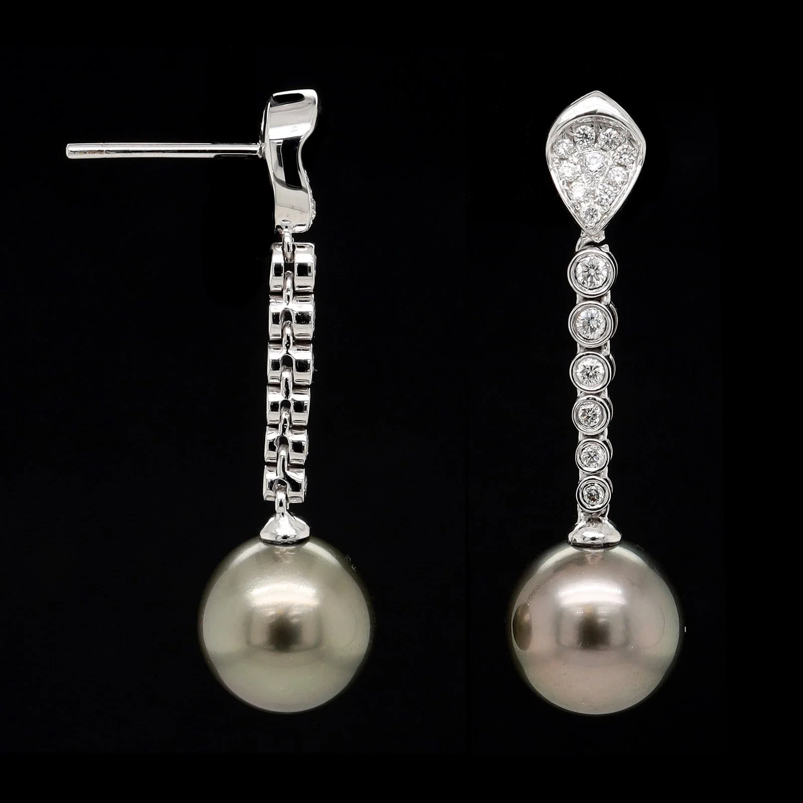 Mastoloni 18K White Gold Estate Cultured Tahitian Pearl and Diamond Earrings