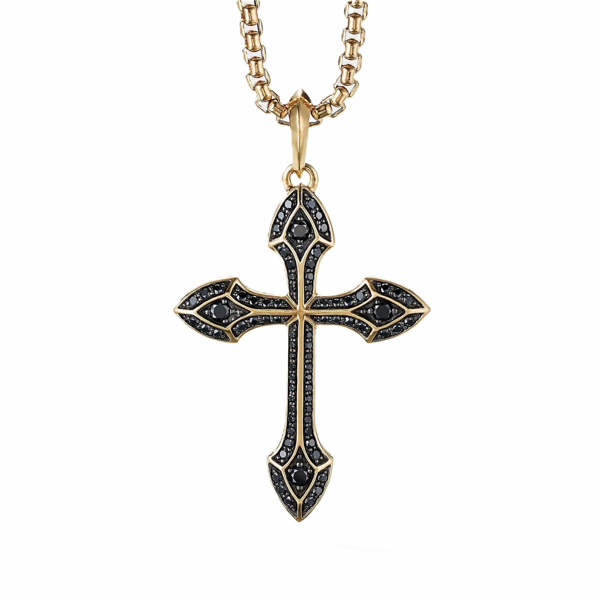 Gothic Cross Amulet in 18K Yellow Gold with Pavé Black Diamonds