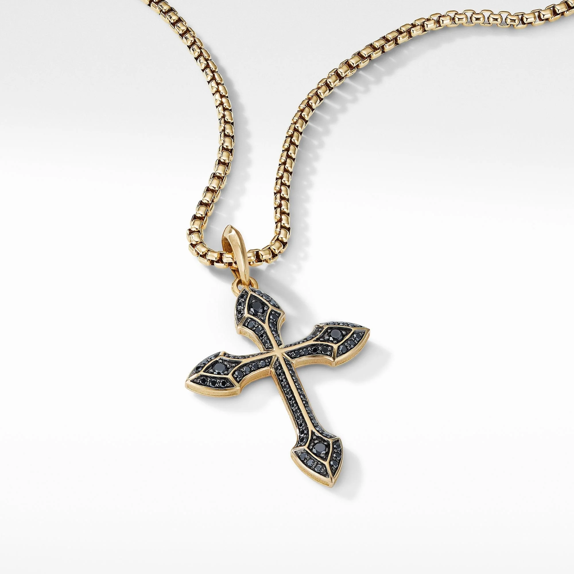 Gothic Cross Amulet in 18K Yellow Gold with Pavé Black Diamonds - Image 2