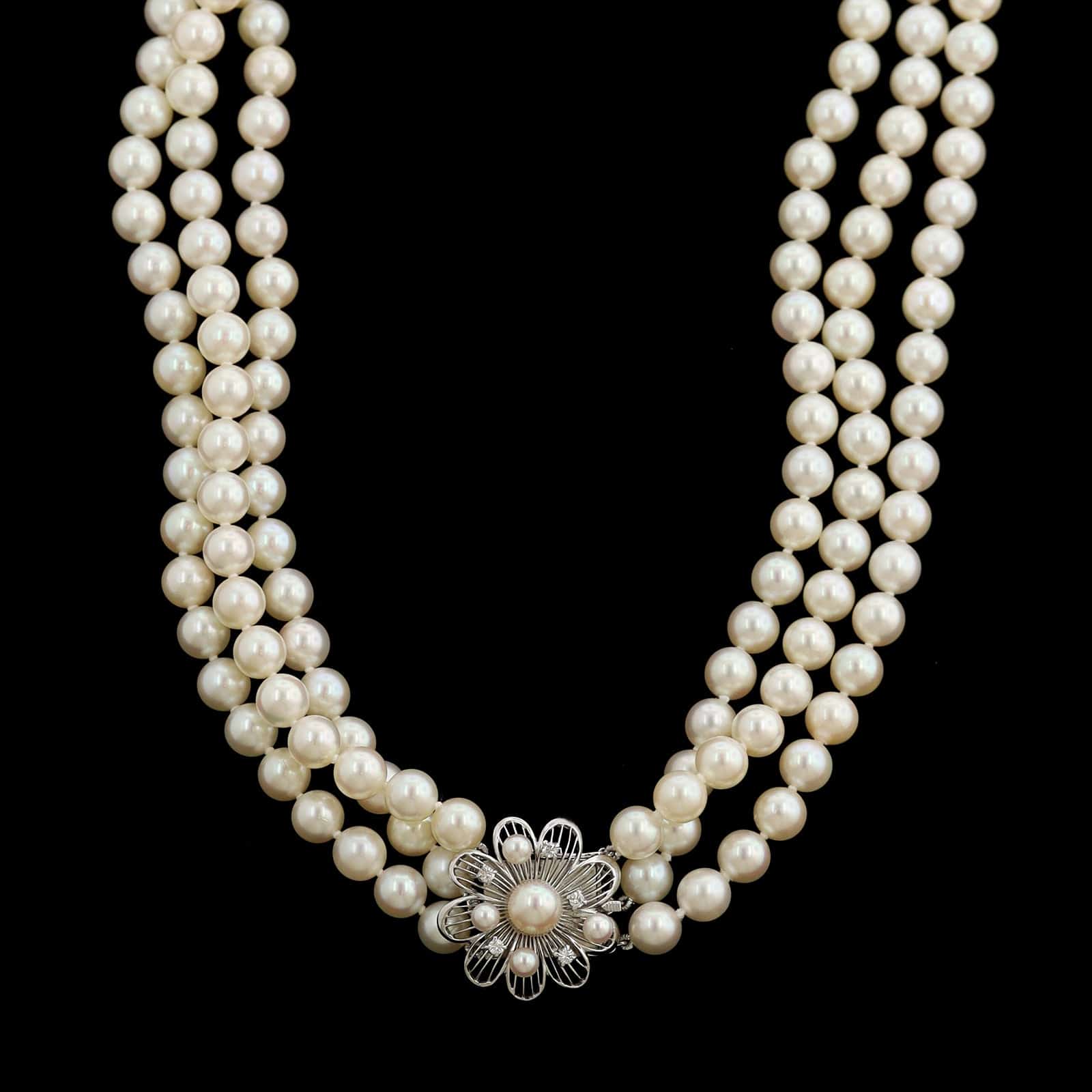 Mikimoto 14K White Gold Estate Three Strand Cultured Pearl and Diamond Necklace - Image 2