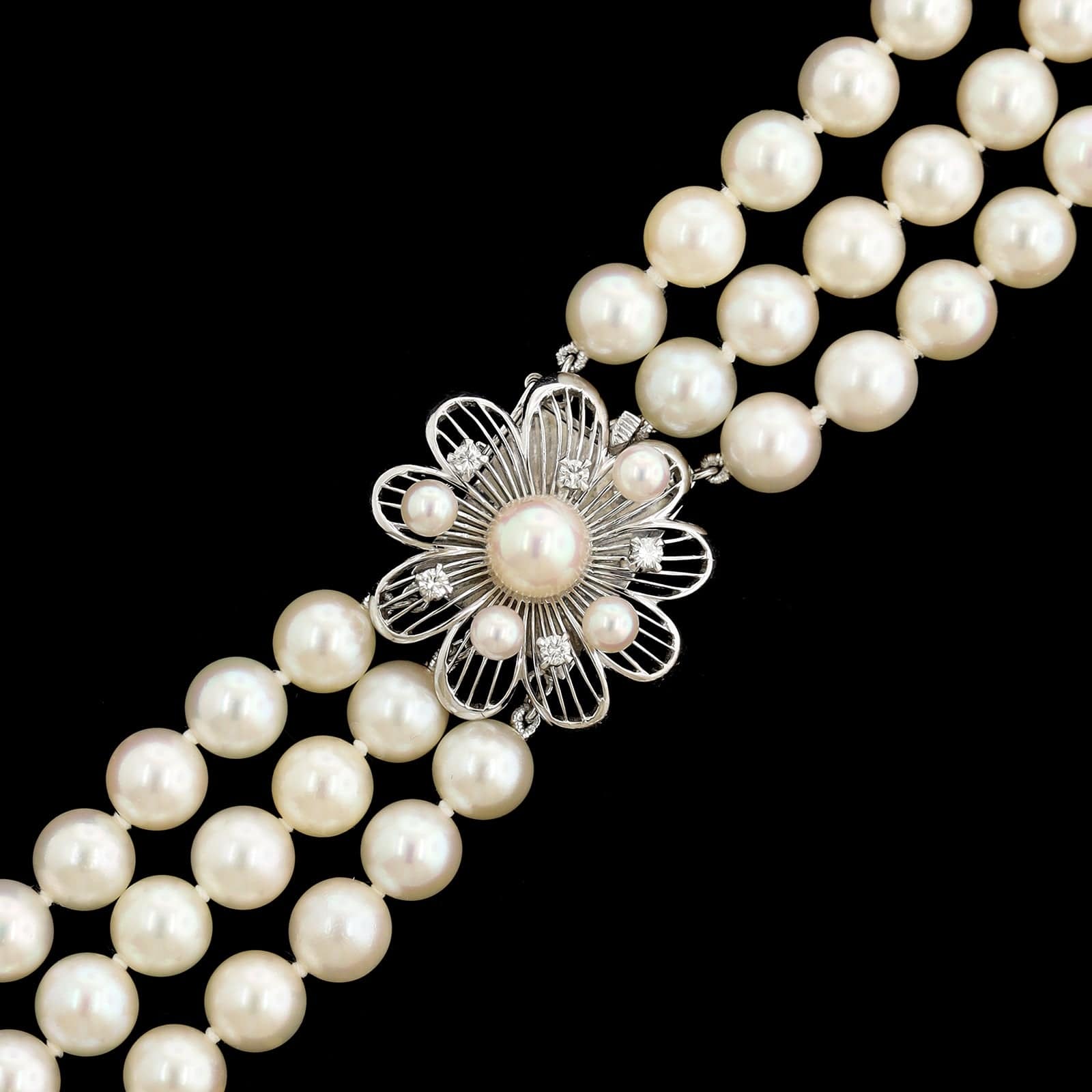Mikimoto 14K White Gold Estate Three Strand Cultured Pearl and Diamond Necklace - Image 3