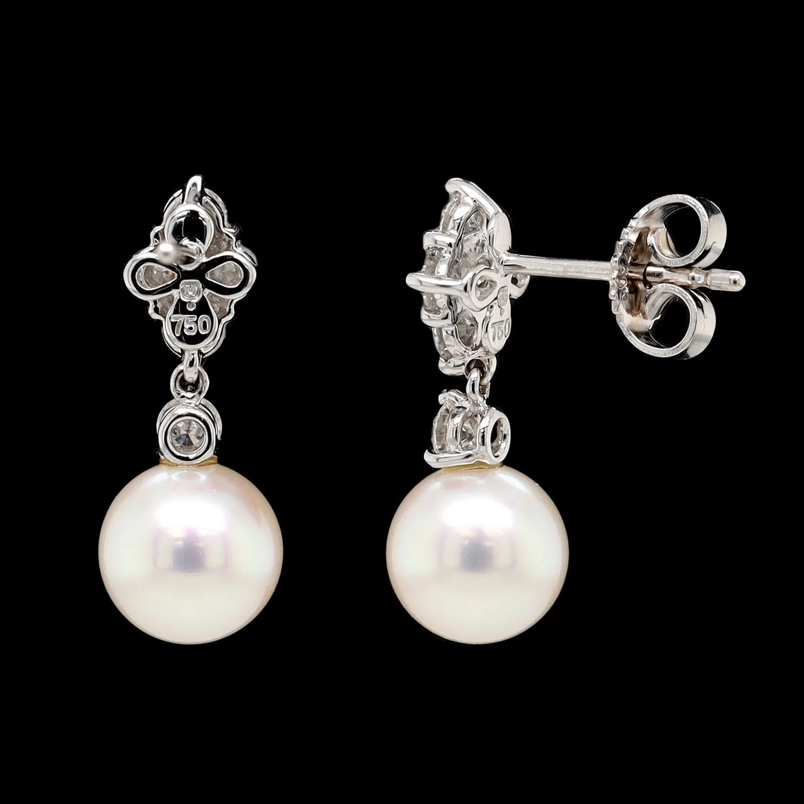 Mikimoto 18K White Gold Estate Akoya Cultured Pearl and Diamond Drop Earrings - Image 2