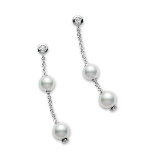 Mikimoto 18K White Gold Akoya Cultured Pearl and Diamond Drop Earrings