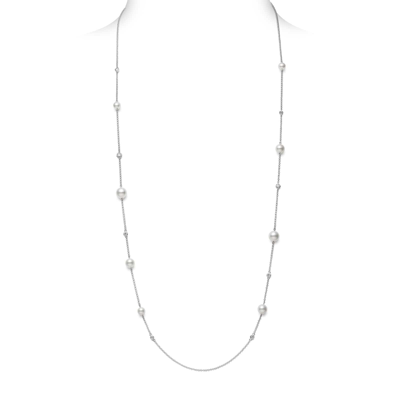 Mikimoto 18K White Gold Akoya Cultured Pearl and Diamond Station Necklace