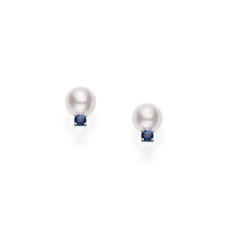 Mikimoto 18K White Gold Akoya Cultured Pearl and Sapphire Stud Earrings
