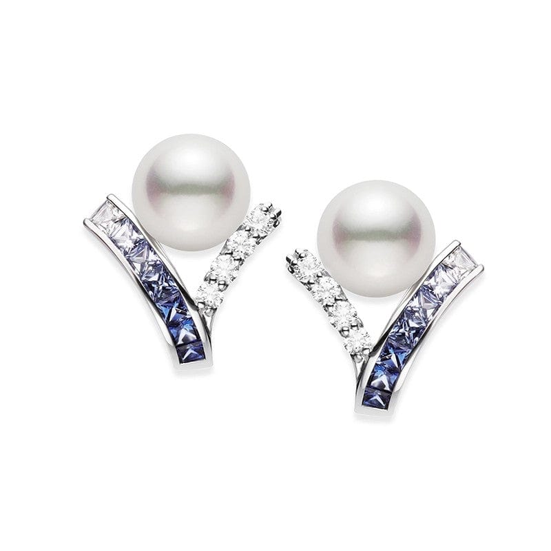 Mikimoto 18K White Gold Akoya Cultured Pearl, Sapphire, and Diamond Stud Earrings