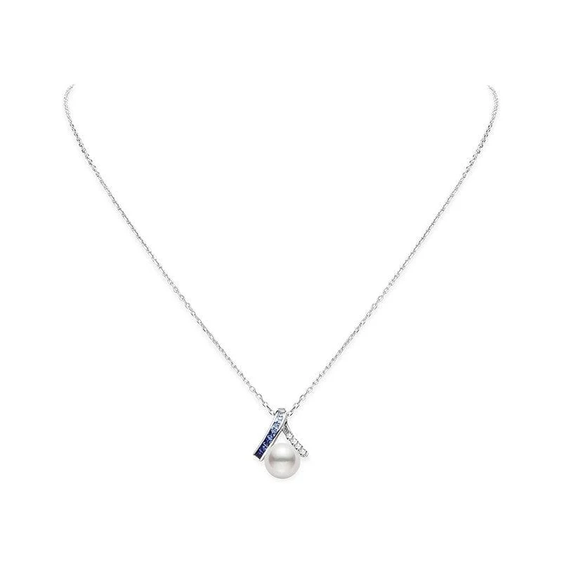 Mikimoto 18K White Gold Akoya Pearl, Sapphire, and Diamond Pendant