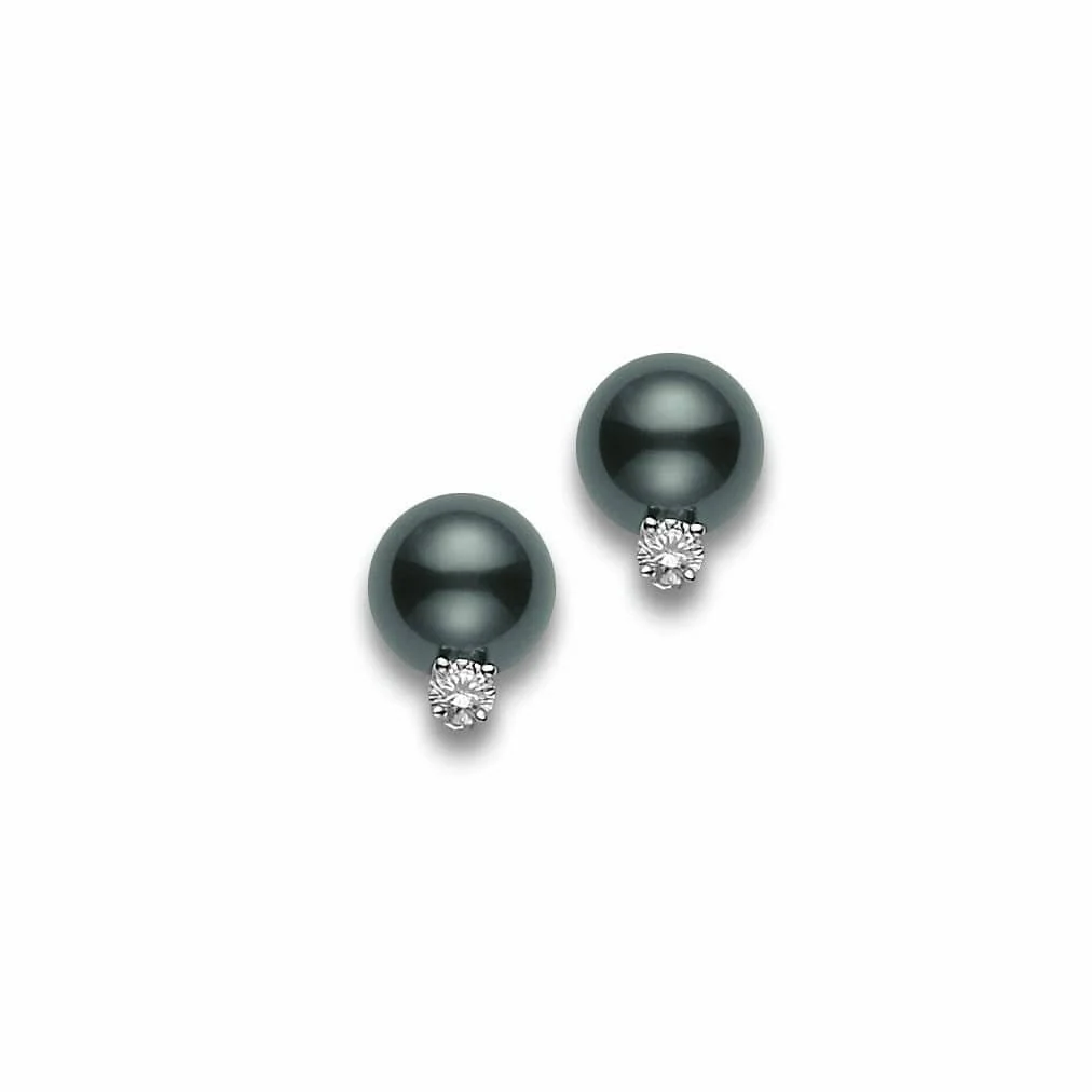 Mikimoto 18K White Gold Black South Sea Pearl and Diamond Stud Earrings