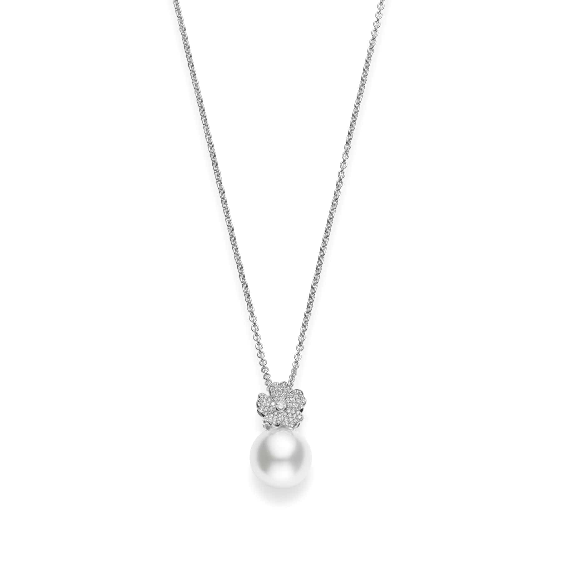 Mikimoto 18K White Gold Cherry Blossom White South Sea Cultured Pearl and Diamond Pendant
