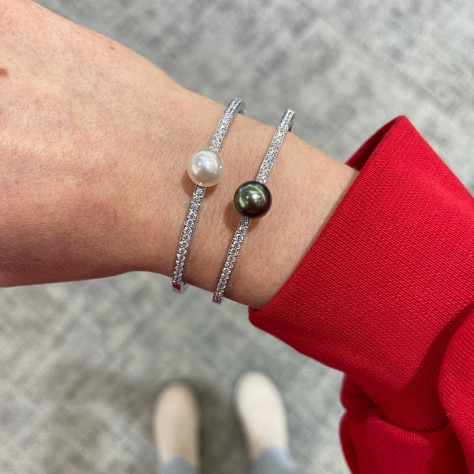 Mikimoto 18K White Gold Diamond and Black South Sea Pearl Bangle Bracelet - Image 2
