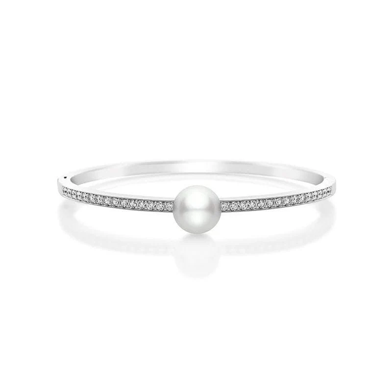 Mikimoto 18K White Gold Diamond and Pearl Bangle Bracelet