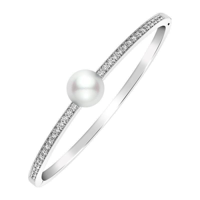 Mikimoto 18K White Gold Diamond and Pearl Bangle Bracelet - Image 3